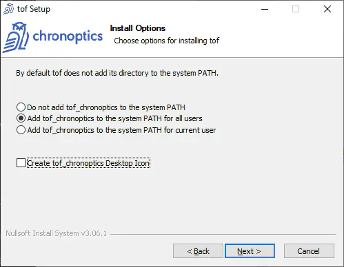 Install Options Add tof chronoptics PATH for all users